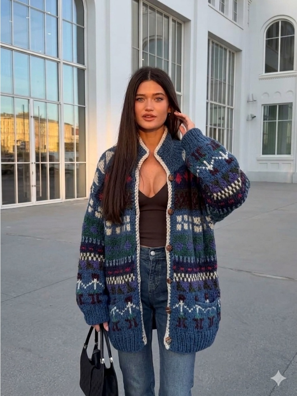 Nuevo Americana 100% Wool Hand Knit Fair Isle Cardigan Chunky Oversized Ecuador